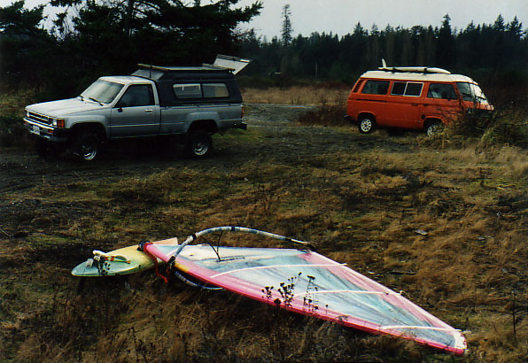 CB March? 1993
My homebuilt board, the truck I bought off Bart...who's van? This IS Columbia Beach...seems to be missing a few houses.
