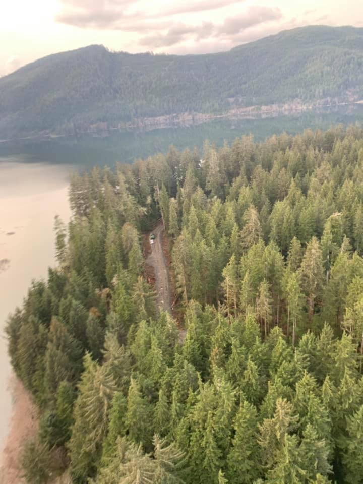 Caycuse river mouth on left, lake at top of photo